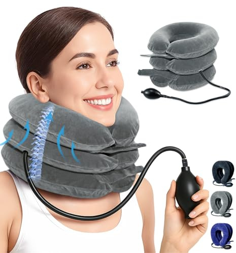 Adjustable Neck Traction Device Inflatable - Ergonomic Neck Stretcher Brace & Support Pillow for Neck Hump Correction, and Shoulder Tension Release, Ideal for Home/Travel Use (Grey)