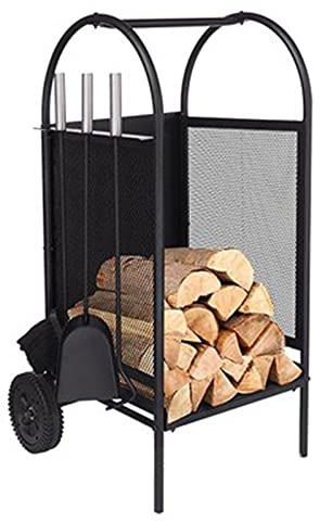 Yuidaaavzz Fireplace Log Rack Metal Firewood Log Trolley Cart Storage With Wheels Kindling And Companion Toolset (Color : Black Size : 35x35x80cm) (Black 35x35x80cm)