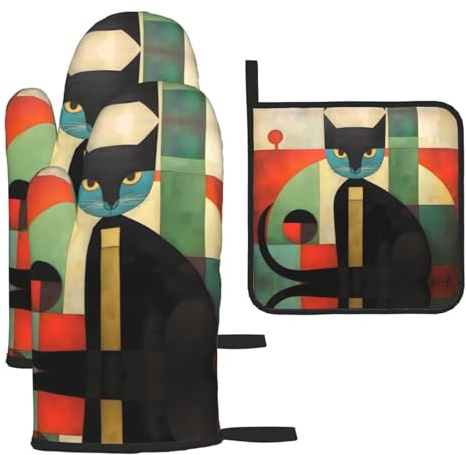 WZYWHJ Lot de 3 maniques de cuisine motif chat art moderne du milieu du siècle – Tissu épais, durable et imperméable pour la protection contre la chaleur