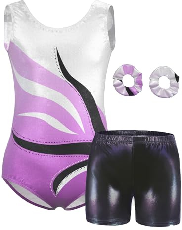 Mulnall Kinder Gymnastiktrikot mit Shorts | Hoher gedeckter Rücken, leicht anzulegen für Training & Wettkampf, Set: Trikot, Shorts, Haargummis