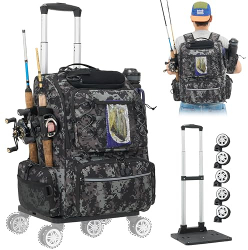 Lansru Rollbarer Angelrucksack mit Rutenhalter, 48 l Rolltasche mit Trennwänden für 3600 Tabletts, Aufbewahrung von Fischausrüstung und 4 Angelboxen, wasserdichte Angeltasche für Herren