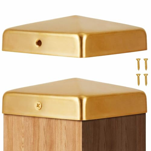 Tandefio 2 Pcs 4x4'' (Actual 3.5x3.5'') Fence Post Caps Solid Brass Pyramid Decking Caps with Screw Golden Brass Bed Post Cap for Metal Wood Cedar Fence Deck Corridors Mailbox Posts End Cover