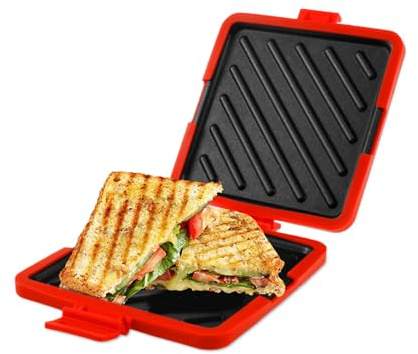 HZUIZXYO Microwave Toastie Maker, Microwave Toastie Sandwich Maker and Grill Wireless Silicone Microwaveable Cookware,Thick Metal Non-Stick Plates Compact & Dishwasher Safe (Red)