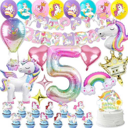 Einhorn Deko-Set Kindergeburtstag 5 Jahre - Komplettes Party Set mit 4D Luftballons, Banner & Tortendeko - Geburtstagsdeko für Mädchen, Einhorn Geschenk
