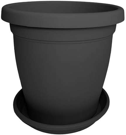 Sicignano Vaso Verona Rotondo con Sottovaso, Plastica, Fori di Drenaggio, Moderno Classico, Interni Esterni, per Piante Fiori Orto Giardino (Antracite, 60 cm)