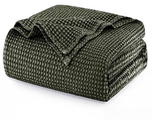 Talasily 100% Baumwolle Decke 220 x 240 cm, Weiche und Atmungsaktive Tagesdecke, Waffelmuster Leichte Decke als Sofadecke Couchdecke, Weich Kuschelige Wohndecke Wohnzimmer, Sofa Couch Olivgrün