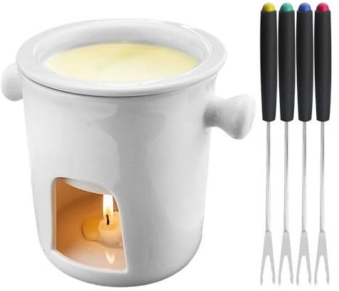 Renchey Tasse À Fondue Au Chocolat | Pot À Fromage en Céramique De 300 ML avec 4 Fourchettes,Ensemble Mini À Fondue | pour Réchauffage Présentation Immersion Fromage Confiserie Beurre Dessert Fête