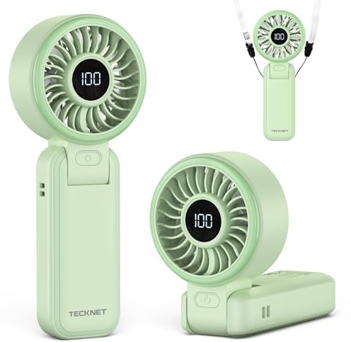 TECKNET Handheld Fan with 5000mAh, USB Portable Hand Held with LED Display | Rechargeable Fan 150° Foldable, 1-100 Speed Mini Electric Desk Fan for Travel Home Office Bedroom Outdoor, Green