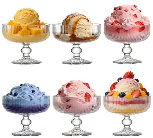 MYKAGS Set of 6 Dessert Bowls, 320ML Vintage Striped Embossed Glass Dessert Bowls, Ice Cream, Salad, Candy Cake Bowls, Durable, Elegant Design, Perfect for Weddings, Birthdays and Special Occasions