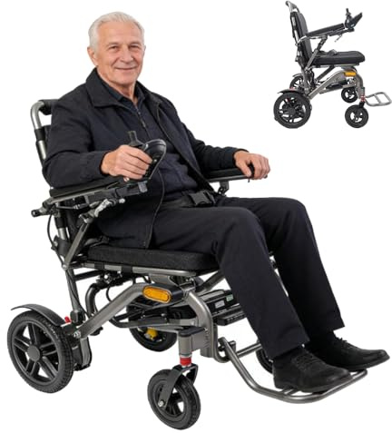 Carrozzina elettrica pieghevole leggera e portatile con barra di trazione - Piegatura rapida in 3 secondi, ruote antiscivolo con assorbimento degli urti, capacità di carico di 150 kg, design compatto