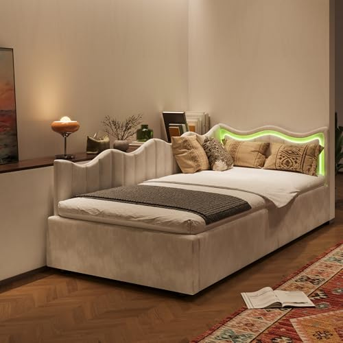 MOTUZP Polsterbett Schlafsofa 90x200 mit Luftdruckspeicher stauraum,L-förmiges Einzelbett mit LED-Beleuchtung, Kinderbett,Sofabett Jugendbett Schlafsofa, Ohne Matratze (Samt + Cremeweiß, 90x200cm)