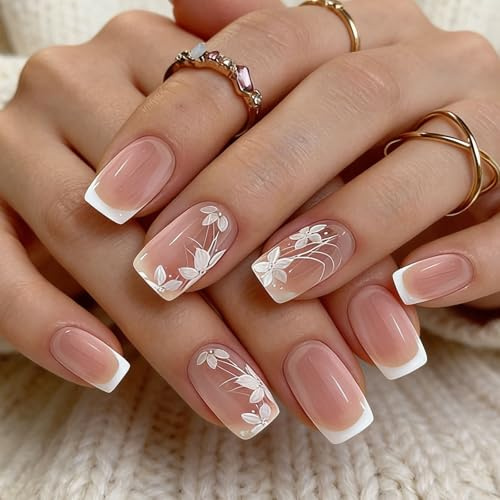 Floruvia 24 pièces à presser, ongles artificiels courts et carrés de couleur nude avec des pointes françaises blanches et des accents floraux délicats, ongles en acrylique à presser