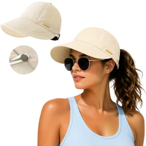 BZURTER Bob Sombrero de sol para mujer UPF 50+ Anti UV, sombrero plegable con apertura de cola de caballo y ganchos metálicos, Bob transpirable para playa, viajes, senderismo y al aire libre