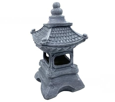 FUBESK Statua da giardino a forma di pagoda solare con luce a LED, lanterna giapponese in resina zen per esterni, cortile, patio, prato, finitura in pietra grigia con dettagli in muschio, 34 cm
