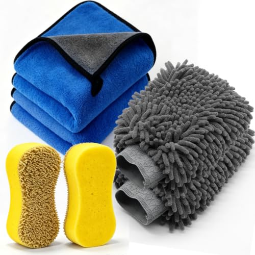 BIATOE 6 Pcs Car Washing Kit – Drying Towels, Microfiber Mitt & Sponge Set | 2 Car Wash Sponges, 2 Scratch-Free Wash Mitts, 2 Cleaning Cloth, Highly Absorbent, for Car Detailing, Windows & Home Use