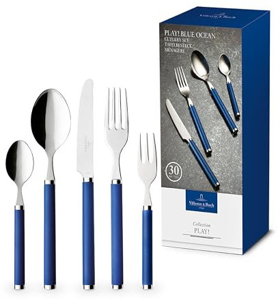 Villeroy & Boch - Play! Blue Ocean Tafelbesteck, Set 30 teilig blau, Spülmaschinenfest, Besteck Bunte Griffe, Besteck Kunststoffgriffe, Besteck Set, Essbesteck, Messer, Gabel, Edelstahl, Kunststoff