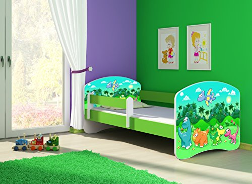 CLAMARO 'Fantasia Grün' 180 x 80 Kinderbett Set inkl. Matratze und Lattenrost, mit verstellbarem Rausfallschutz und Kantenschutzleisten, Design: 30 Dinosaurier