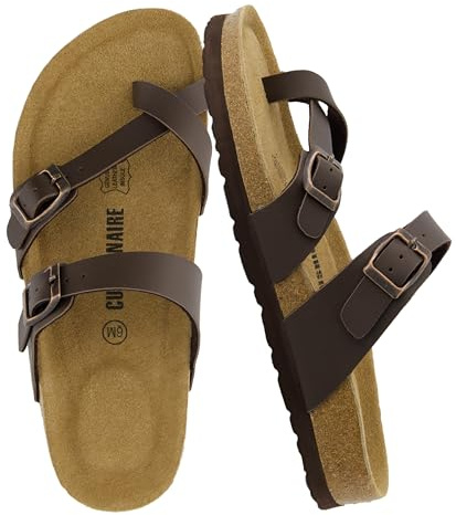 CUSHIONAIRE Luna Sandals for Women, Cork Footbed Womens Sandals for Summer Comfort with Adjustable Straps, Wide Width Available, BROWN 9