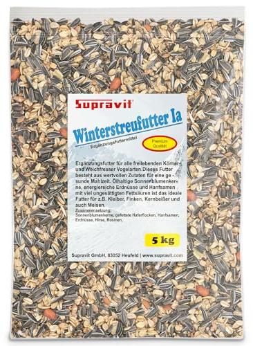 Supravit Winterfutter | Streufutter für Wildvögel 5kg | mit Sonnenblumenkerne, Erdnüsse, Hanfsamen, Rosinen & mehr | energiereiches Wildvogelfutter im Winter