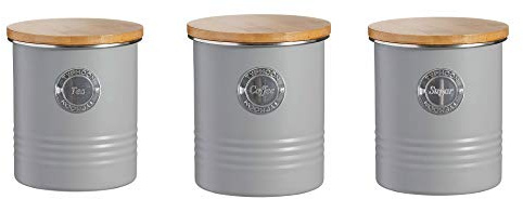 Typhoon Living - Recipiente hermético para té, café y azúcar con Tapa de bambú, 3 Unidades, 1 litro, Color Gris