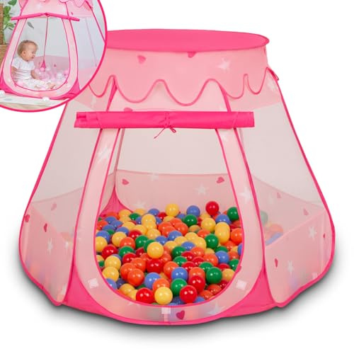 Selonis Lektält, 105 x 90 cm/300 bollar, slott, hus, pop-up, bollhav, plastbollar för barn, rosa: gul-grön-blå-röd-orange