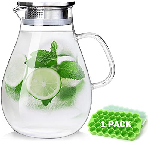 88OZ Glass pitcher with lid and Spout，High Heat Resistance Pitcher water jug for Hot/Cold Water & Iced Tea Wine Coffee Milk and Juice Beverage Carafe with Ice Tray (2.6L)