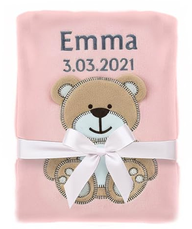 cozy racoon Babydecke Bestickt mit Namen und Geburtsdatum | Weiche Kuscheldecke für Baby Jungen und Mädchen I Personalisiertes Geschenk zur Taufe, Geburt oder als Erstausstattung I Rosa Decke mit Bär