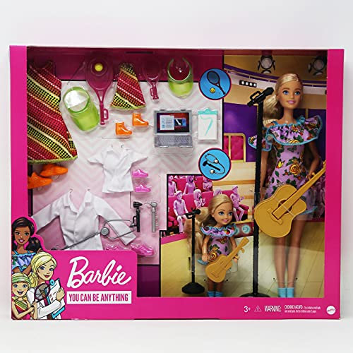 Barbie & Chelsea Carreras Playset: 2 muñecas morenas y Doctor, Estrella de Tenis y Piezas de músico
