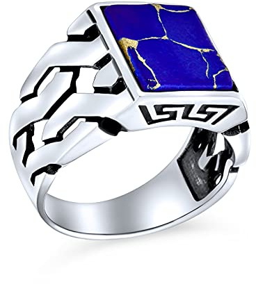 Bling Jewelry Edelsteine Cuban Curb Link Chain Band Blau Erstellt Lapis Lazuli Rechteck Siegelring Für Männer .925 Sterlingsilber Handgefertigt In Der Türkei