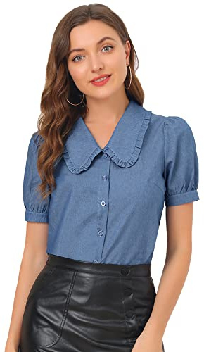 Allegra K Chambray Blusa para mujer con cuello Peter Pan Puff manga corta, Azul / Patchwork, Large