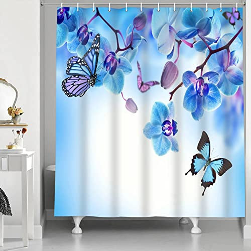 Abaysto Shower Curtain Blue Orchid Floral Butterfly Blue Flower Spring Scenery Waterproof Cloth Fabric Bathroom Decor Set with Hooks 72x72 Inch