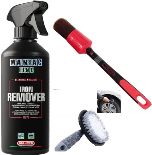 Mafra, Maniac Car Detailing Line, Iron Remover, elimina parti ferrose + Pennello RED 30 mm + Spazzola per Pulizia Pneumatici
