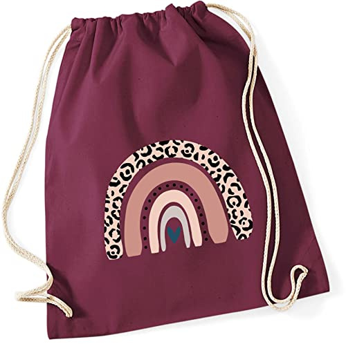 Turnbeutel für Kinder Baumwolle mit Regenbogen in Rosé | Motiv LEO-Print für Mädchen | Stoffbeutel Rucksack zum Zuziehen mit Kordel