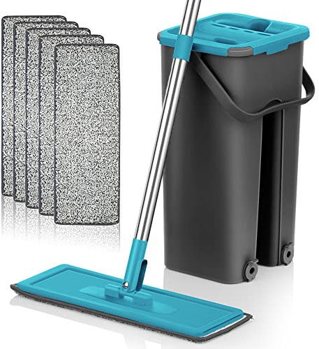 Mopa Limpieza Suelo [Doble FUNCIÓN] con Cubo Escurridor Trapeador Plana Almohadilla de Microfibra Absorbente Mop Bucket Limpia Tarima Parquet Gress Mármol (Azul/Negro 6 Almohadillas)