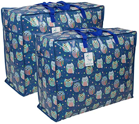 Storage Bags Water & Dust Resistant. Double zipped storage bags for toys, laundry, bedding. Underbed Wardrobe Space Saver Sleepy Owls print (65 ltr 2x Pack)