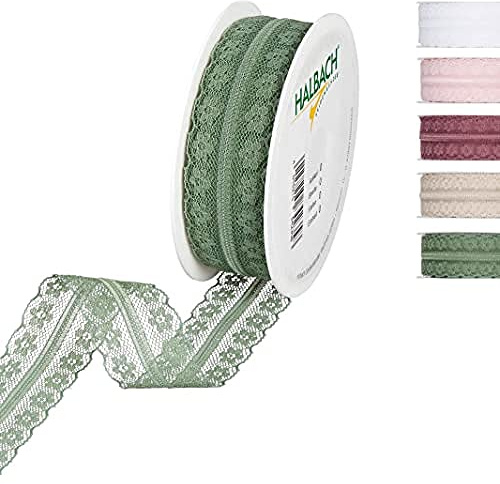 Halbach Spitzenband, 30 mm x 15 m, jade | Spitzenborte als Meterware, zum Nähen, Basteln sowie für Hochzeits- und Tischdekoration