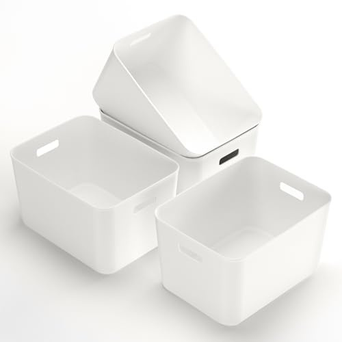Cetomo 17L*4 Cesta de Almacenamiento de Plástico, Caja de Almacenamiento Abierta, Contenedores Para Estanterías, Organizadores con Asas Para oficina, Gabinetes, Blanco, 17L-4 Unidades (35*27*20cm)