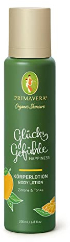 PRIMAVERA Glücksgefühle Körperlotion 200 ml – Bodylotion, Naturkosmetik - Zitrone, Tonka Duft – spendet Feuchtigkeit, aktiviert, belebt, pflegt - vegan