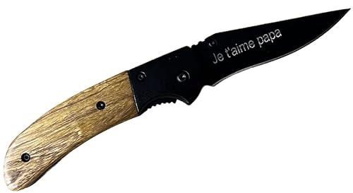Générique Canif personnalisé gravé manche bois et lame noire – Couteau pliant avec cran d’arrêt – Acier inoxydable – Cadeau original