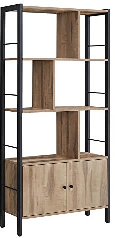 VASAGLE Bücherregal, Bücherschrank mit 4 offenen Regalebenen, Regal, Standregal, geräumiger Wohnzimmerschrank, Küche, Büro, Stahlgestell, Industrie-Design, Kamelbraun-tintenschwarz LBC022B50