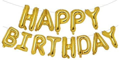 PIGETALE Gold Happy Birthday Balloons Banner, 16 Inch Happy Birthday Mylar Foil Balloon Letters Sign, Self Inflating Alphabet Bunting Reusable for Girls Boys Kids Adults Women Men Party Decorations