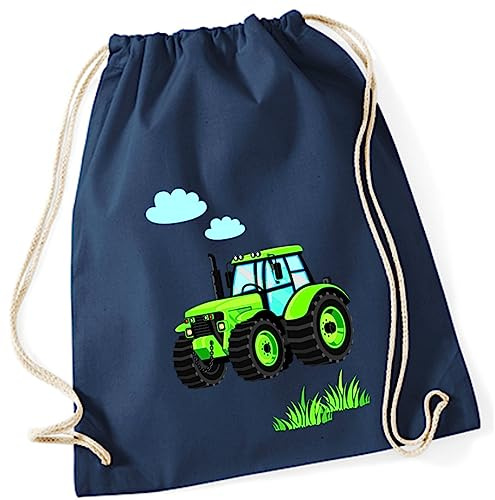 minimutz Turnbeutel Kinder Jungen aus Baumwolle | Motiv Traktor Bulldog mit Wolken & Gras | Schuhbeutel Sportbeutel zum Zuziehen mit Kordel 37cm x 46cm