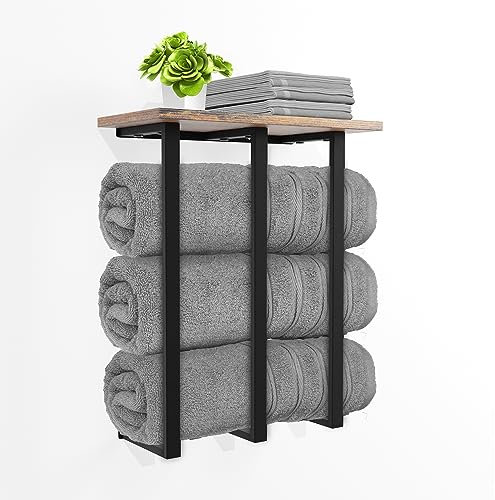 Whimsii Towel Rack Wall Mounted With Shelf, Bathroom Towel Storage For Rolled Towels, Perfect Organizer For Small Bathrooms, 3 Sturdy Iron Bars & Supports 25kg Weight