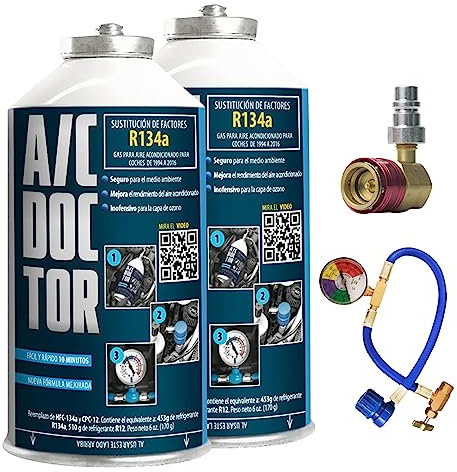 AC DOCTOR Kit 2 x Gas Refrigerante Orgánico Ecológico sustituto del R134a para recarga aire acondicionado de coche de 1995-2016 y manguera con manómetro y adaptador HP LP Alta/Baja Presión