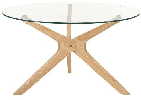 Beliani Couchtisch Glas trasparent mit Holzbeinen Hellbraun rund ø 80 cm modern Valley