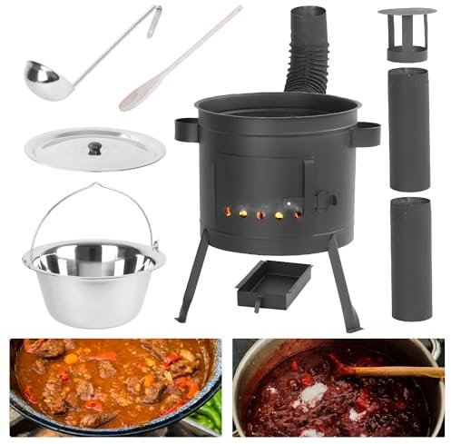 STREND PRO Gulaschkanone | Gulaschkessel mit Deckel 13L, Schöpfkelle,Rührlöffel | UTSCHAK | kesselgulasch Topf | Camping Cooking Set für Outdoor Kochen | Feldküche - Eintopfofen Suppentopf Gulasch