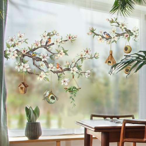 AIBIIN Adesivi per finestre con rami di albero e uccelli, motivo floreale con foglie verdi, in vetro, statico, decalcomania su entrambi i lati, per camera da letto e soggiorno