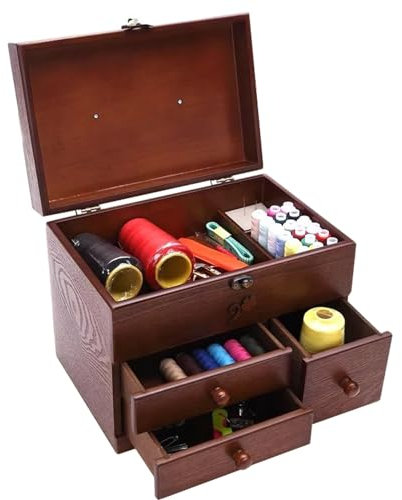 asdchZen Nähkästchen Aus Holz, Heim-Nadelgarn-Organizer-Korb, Mit 3 Schubladen Und Aufbewahrung Oben, Zur Aufbewahrung Von Garnspulen, Sticksets, Quiltzubehör (Leere Box)