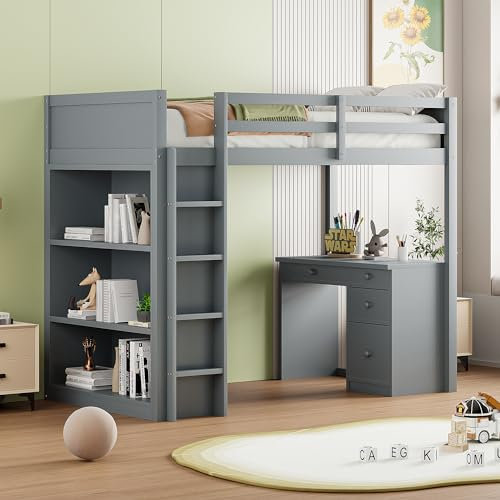 Kinderbett Hochbett 90x200 cm, Etagenbett Holzbett mit Schreibtisch und Schrank, Funktionsbett Stauraumbett Stockbett Jugendhochbett mit Rausfallschutz und Lattenrost aus Holz, Grau, Ohne Matratze