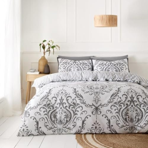 GC GAVENO CAVAILIA Floral Damask Bedding Double Bed Set, Poly Cotton Duvet Cover Sets (200x200 cm), Reversible Print Quilt Bed Cover, Washable Linen, Charcoal